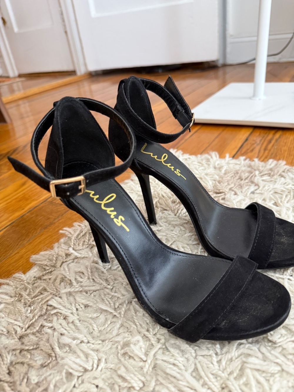 Lulu's Black Suede Ankle-Strap Stiletto Heels